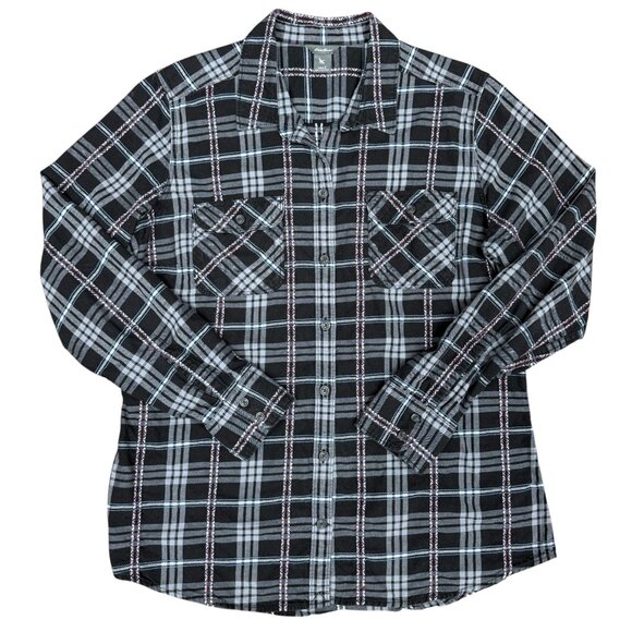 Women's EDDIE BAUER Black Plaid‎ Embroidered Button-Down Shirt- Size L - Picture 1 of 8